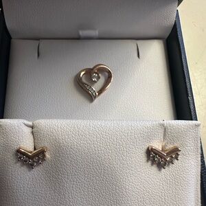 Zales 10k rose gold heart pendant with pandora rose gold grown earrings. Set.